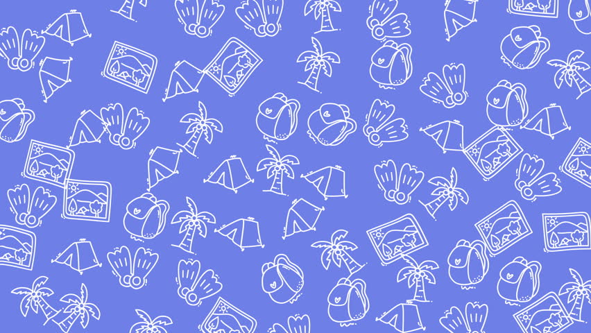 Blue travel themed background perfect for travel blogs, vacation advertisements, and tourism brochures. Icons of luggage, camera, passport, and map.