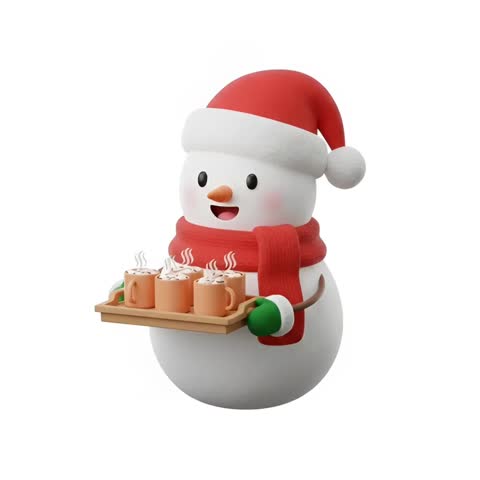  Classic snowman character wearing a red Santa hat and scarf, waving hello to the camera.