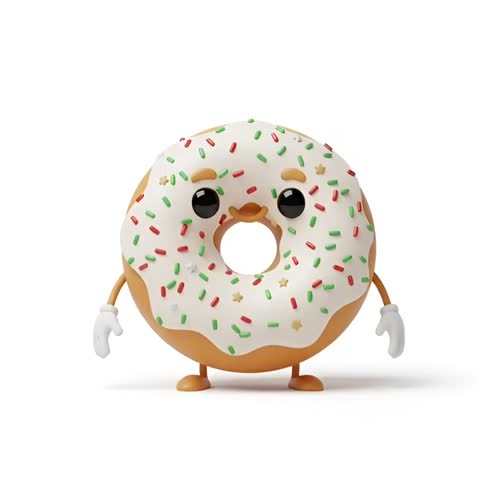 3D animation of a cute glazed donut character with sprinkles moving arms isolated on white background. Sweet food mascot concept.