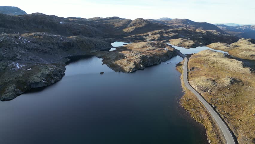 urlandsfjellet Scenic Route in Norway: Mountain Road with Crystal Clear Lakes – Aerial Drone Footage