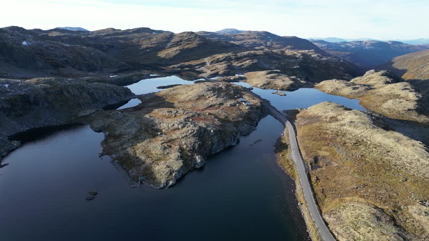 urlandsfjellet Scenic Route in Norway: Mountain Road with Crystal Clear Lakes – Aerial Drone Footage