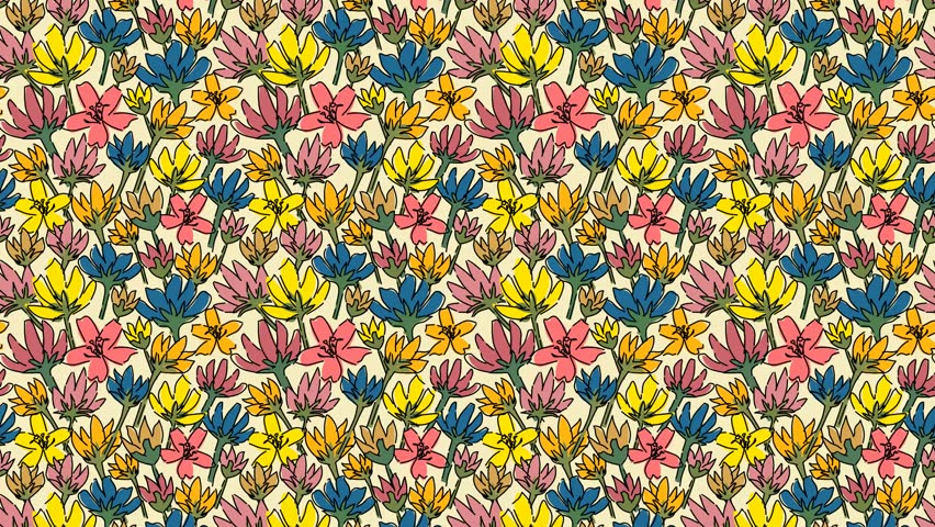 Seamless floral pattern video with yellow, blue, orange and pink flowers with hand drawn outlines on yellow background. Could be used as wallpaper or background for any content, loops continuously. 