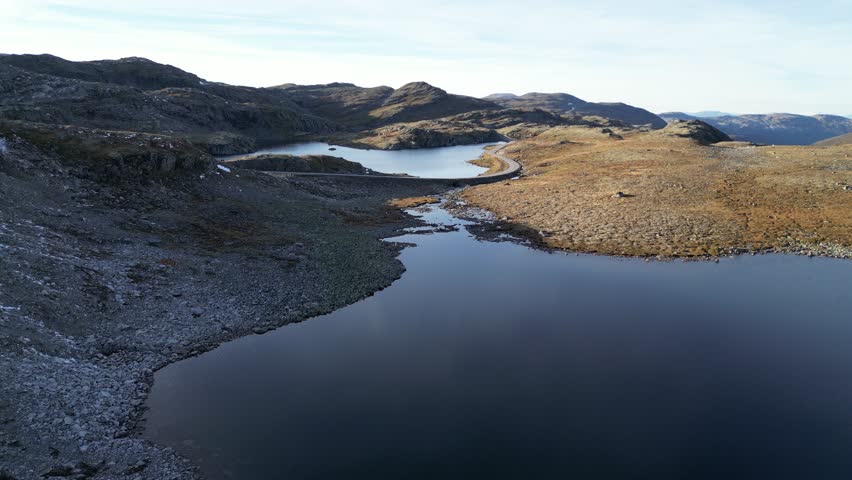 urlandsfjellet Scenic Route in Norway: Mountain Road with Crystal Clear Lakes – Aerial Drone Footage