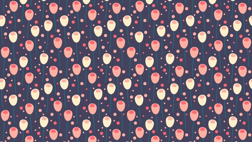Seamless abstract floral pattern video with pink and yellow pastel flowers with blue stems on violet background with  circles. Could be used as wallpaper or background for content, loops continuously