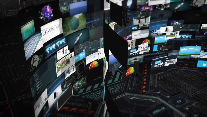 Massive panoramic wall of layered multimedia panels showing global news, gaming screens, metrics, cloud symbols and digital warnings in a high‑tech environment emphasizing information overload.