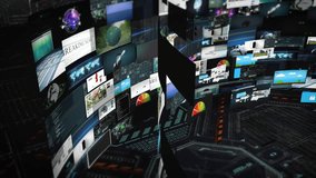 Massive panoramic wall of layered multimedia panels showing global news, gaming screens, metrics, cloud symbols and digital warnings in a high‑tech environment emphasizing information overload. - Powered by Shutterstock - Get 15% off with code: PIKWIZARD15