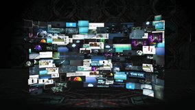 Expansive digital command center featuring countless floating screens displaying news, data streams, security interfaces and social media metrics in a curved, futuristic cyber environment. - Powered by Shutterstock - Get 15% off with code: PIKWIZARD15