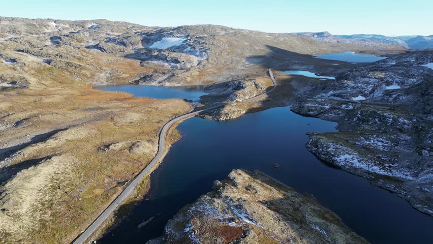 urlandsfjellet Scenic Route in Norway: Mountain Road with Crystal Clear Lakes – Aerial Drone Footage