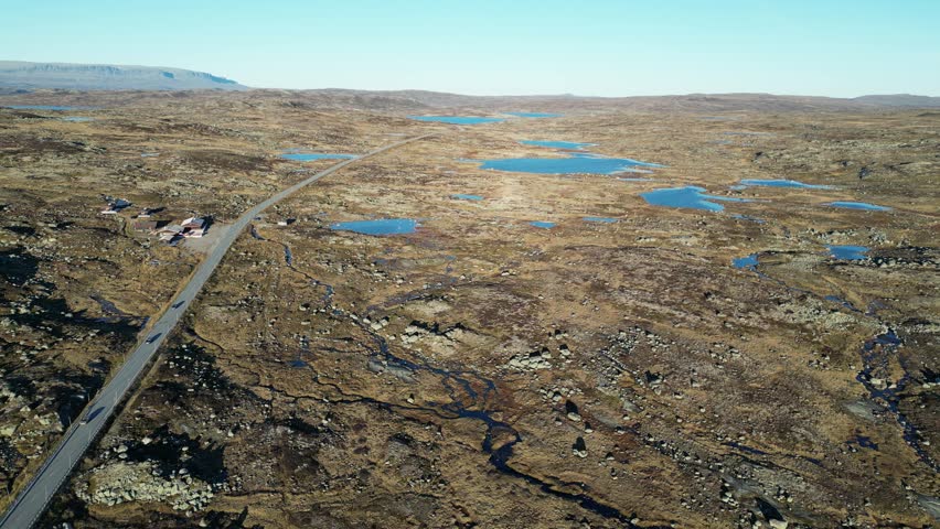 urlandsfjellet Scenic Route in Norway: Mountain Road with Crystal Clear Lakes – Aerial Drone Footage