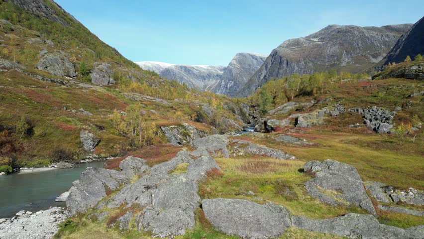 Norway’s Majestic Mountains and Stunning Blue River Drone Aerial Views