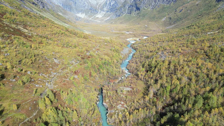 Norway’s Majestic Mountains and Stunning Blue River Drone Aerial Views