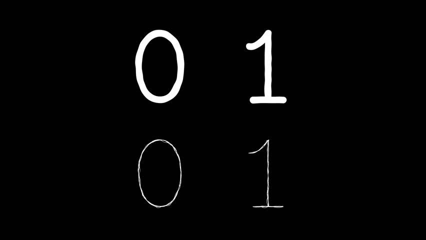 Letter zero and one scribble animated on transparent background. White number 0, 1 messy line motion graphic with alpha channel.