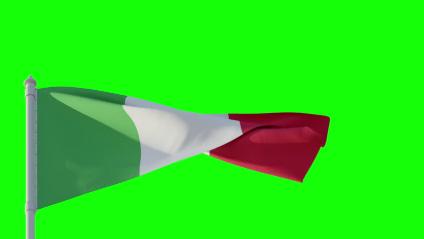 Dynamic Italian flag waving on green screen for easy compositing. Ideal for branding, events, broadcast, promo content. Smooth animation, part of series for multi-scene projects.