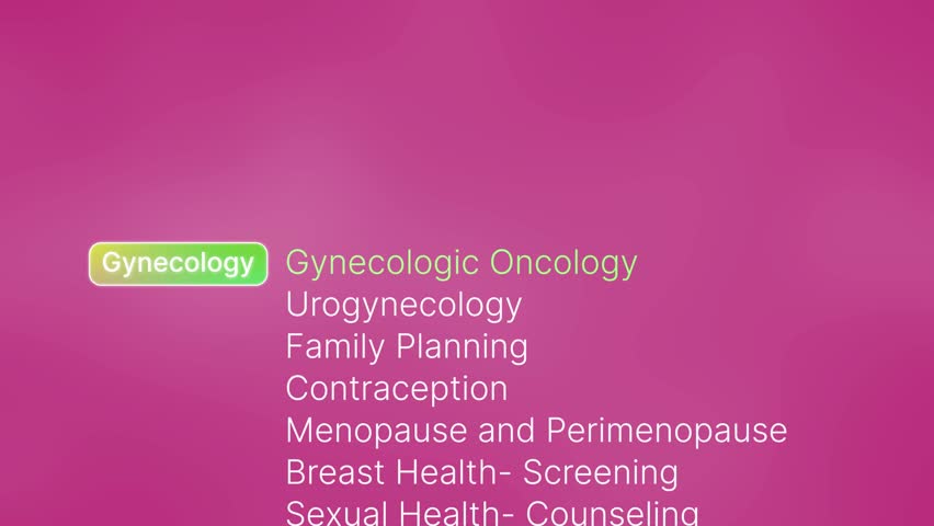 Medical typography scroll animation focused gynecology, obstetrics, and women’s health specialties. Dynamic scrolling text subspecialties: reproductive medicine, maternal-fetal health, infertility, endocrinology.