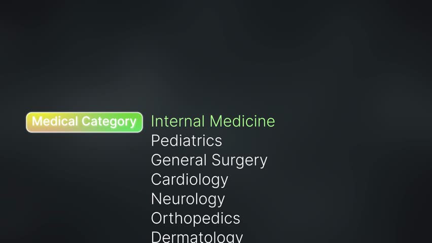 Medical typography scroll animation highlighting core function categories, clinical specialties, interdisciplinary healthcare fields Smooth motion text key disciplines cardiology, neurology, oncology.