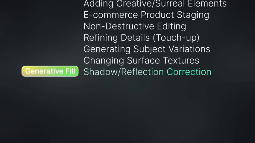 Typography scroll animation showcasing the power of AI generative fill photo editing tools. Smooth, modern motion graphics list key creative functions, generation workflow, digital art, photography, and e-commerce.
