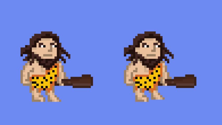Pixel art style animation with two cavemen with a club walking and standing still, on a blue background, vintage, art, 2D.