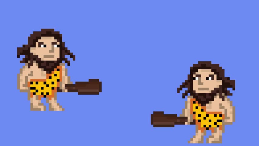 Pixel art style animation with two cavemen, one with a club jumping and the other standing still, on a blue background, art.