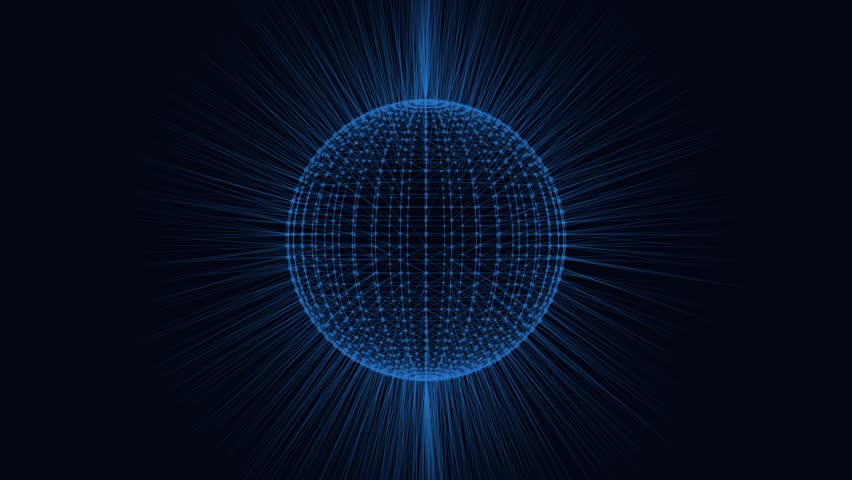 Futuristic abstract plexus sphere with beams of light. Energy science fiction ball. High-tech sphere on dark blue background. Seamless loop 4K.