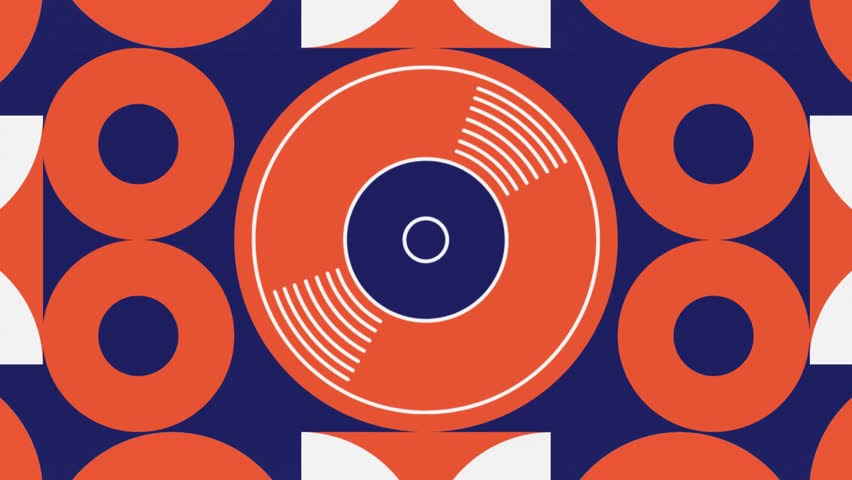 Animated Mid-Century Modern Geometric Pattern Loop: Vinyl Record Motif in Bold Orange, Navy, and White