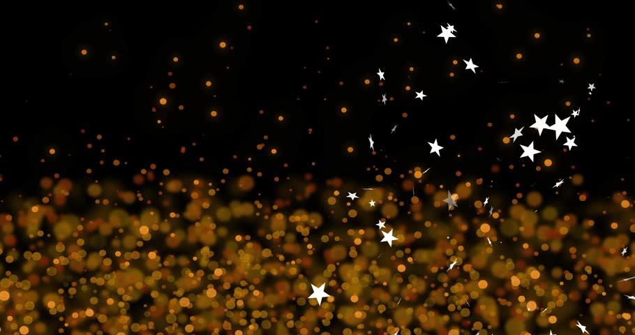 Golden bokeh field pulsing while white stars entering topright and spiraling downward, making decor. Glow, particles, spiral, motion, luminance, backdrop, abstract