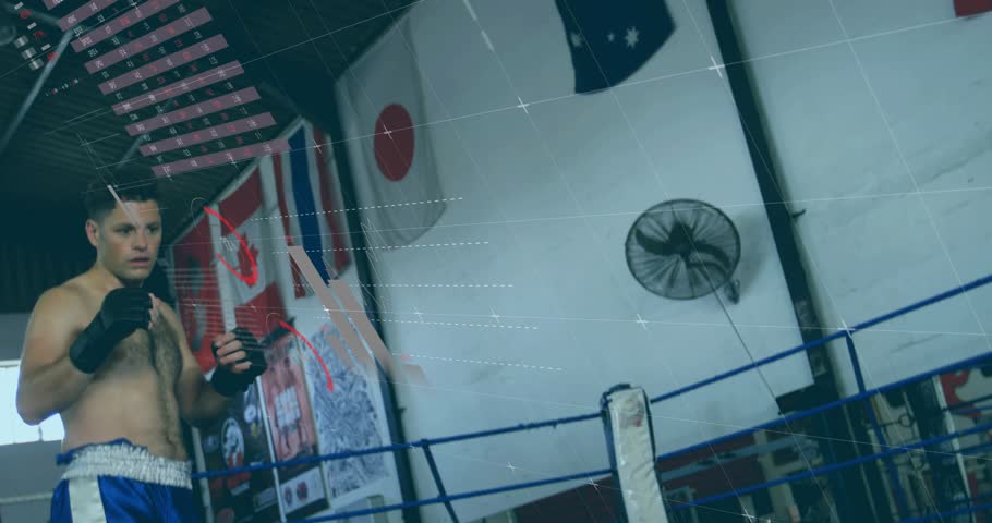 Male fighter shifting weight and initiating drill in ring, HUD graphics sweeping across fighter. Boxing, combat, training, gym, arena, flags, lowangle