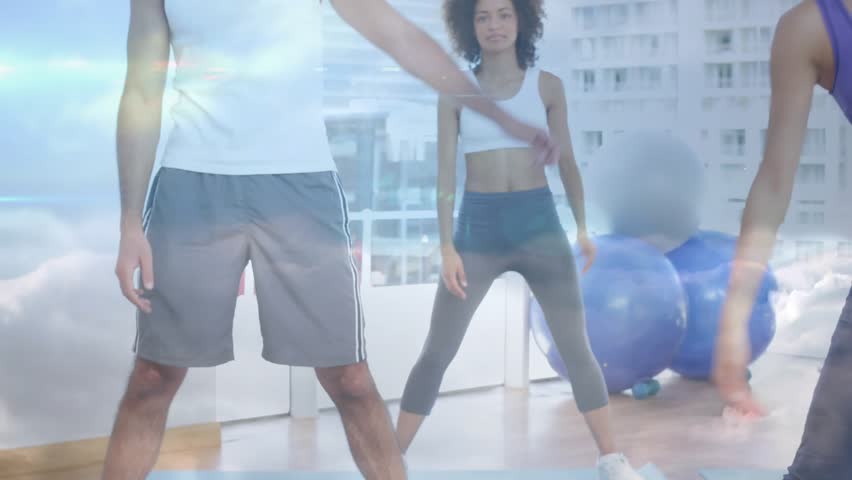 Purple-clad woman leading lateral bends for fitness, group warming, network overlaying participants. Instructor, stretching, workout, team, urban, daylight, violet