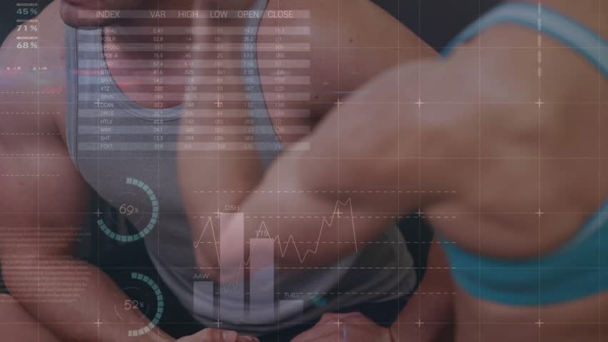 Workout partners raising arms and holding flex in gym, HUD charts animating over arms showing data. Duo, athletes, training, overlays, metrics, analytics, hightech