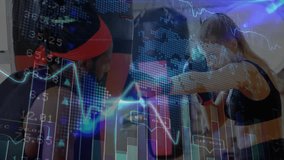 Coach angling mitts, boxer launching jabs in studio, animated finance charts tracking performance. Training, fitness, boxing, gloves, pads, dynamic, vibrant - Powered by Shutterstock - Get 15% off with code: PIKWIZARD15