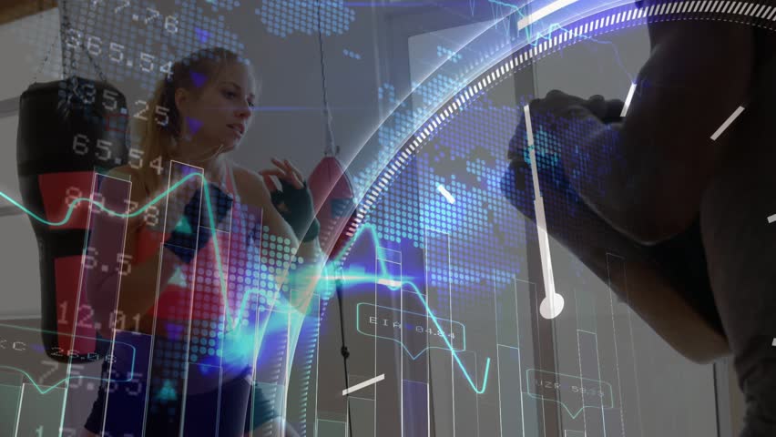 Female boxer stepping in throwing straights into coach pads training for fitness with chart overlay. Boxing, instructor, athlete, drill, gym, mitts, graphs