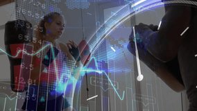 Female boxer stepping in throwing straights into coach pads training for fitness with chart overlay. Boxing, instructor, athlete, drill, gym, mitts, graphs - Powered by Shutterstock - Get 15% off with code: PIKWIZARD15