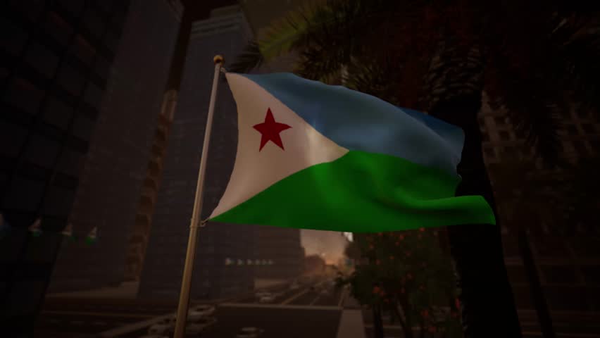 Djibouti marks the beginning of this serene sequence where the tricolor pendant bathes in the warm glow of the golden hour. As the sun dips below the horizon near Lake Assal, the fading light casts long shadows across the nylon surface, accentuating the texture of the weave. The azure strip takes on a deeper hue, while the green segment blends with the darkening terrestrial tones of the background. A white isosceles triangle remains distinct, framing the central red star which catches the last rays of daylight. This atmospheric clip suits cinematic productions requiring a transition shot or a poignant closing scene for travel montages about the Afar Triangle. The gentle movement suggests a cooling evening breeze replacing the harsh daytime heat common to the region. Videographers capturing content for tourism boards or cultural documents will appreciate the emotional resonance provided by the soft lighting setup. The images avoid specific political messaging, remaining purely observational regarding the interplay between light, shadow, and national iconography. Reflections of the sunset on distant water bodies like the Gulf of Aden appear subtly in the blurry background, adding distinct geographical context. This visual asset effectively bridges themes of nature and statehood, perfect for Independence Day retrospectives or evening news bumpers. The motion is fluid and calming, distinguishing it from high-energy daylight alternatives. Amber and orange gradients fill the sky, providing a stunning contrast to the cool colors of the banner. The silhouette effect outlines the fluttering shape against the luminous backdrop, creating a memorable artistic impression. The pacing is slow, allowing the viewer to absorb the translation of the moment as the day transitions into twilight.