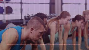 Row of exercisers performing push-ups after plank hold in fitness class, HUD grid tracking reps. Group, workout, gym, mats, dumbbell, ball, breathing - Powered by Shutterstock - Get 15% off with code: PIKWIZARD15