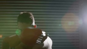 Boxer boxing, red gloves while HUD red globe overlaying him, timeline updating, tracking progress. Fighter, gym, shadowbox, training, silhouette, digital, data - Powered by Shutterstock - Get 15% off with code: PIKWIZARD15