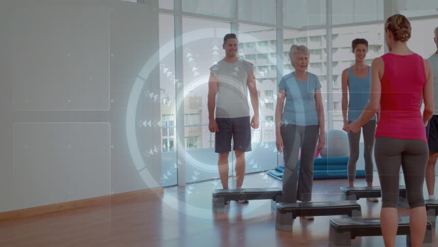 Instructor cueing, class stepping platforms for health, lifting knees, overlay shifting over group. Fitness, studio, cardio, balance, teamwork, coach, bright