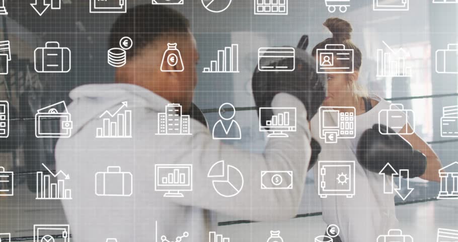 Trainer holding mitts cueing boxer throwing jabs training while moving pads, tech icons overlaying. Boxing, coach, ring, fitness, drill, focus, dynamic