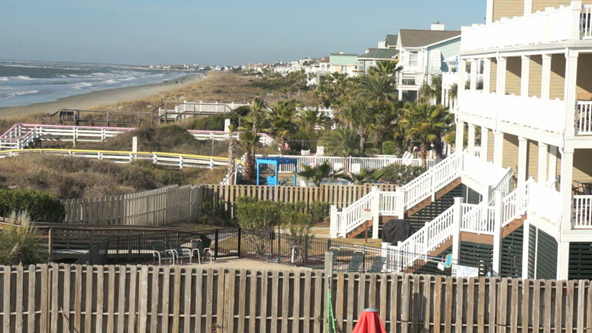 colorful coastal beachfront homes on a windy day on Isle of Palms near Charleston South Carolina