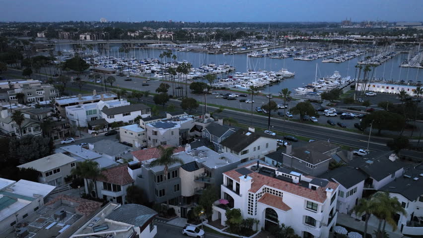 Naples Island, Long Beach, California, California, USA - Aerial View of Boats and Yachts at Sundown Next the Peninsula 