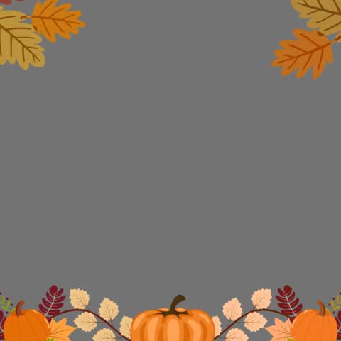 Happy Thanksgiving greeting card on a gray background, featuring stylized pumpkins and autumn leaves border. Perfect for holiday wishes and expressing gratitude. Warm and joyful message included