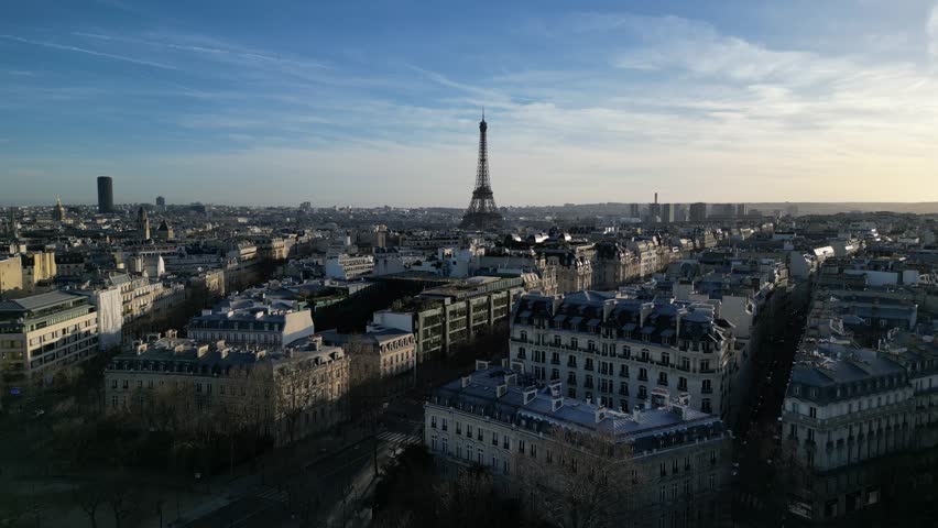 Drone shot over Paris, France, with Eiffel Tower at the forefront