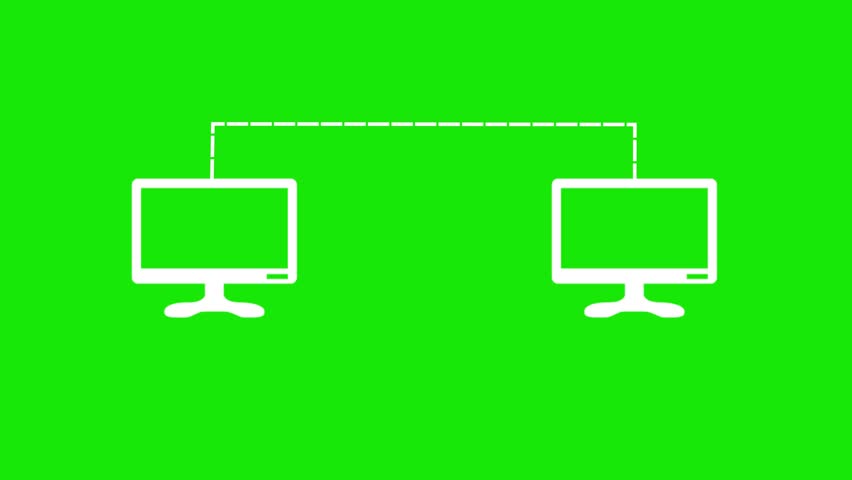 Two computer monitors connected by a dashed line animation on a black background