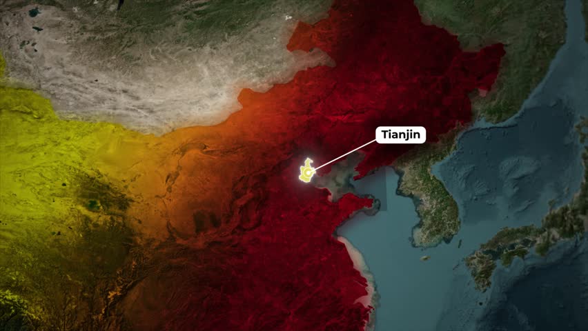 Animated global map zooming onto China, transitioning to highlight the country in red and yellow, then pinpointing the location of Tianjin with a title callout.