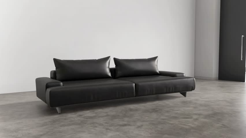 Minimalist Black Sofa in white room — Wide Shot CGI Product Animation. The furniture collections, catalog videos, interior design presentations, and branding content.
