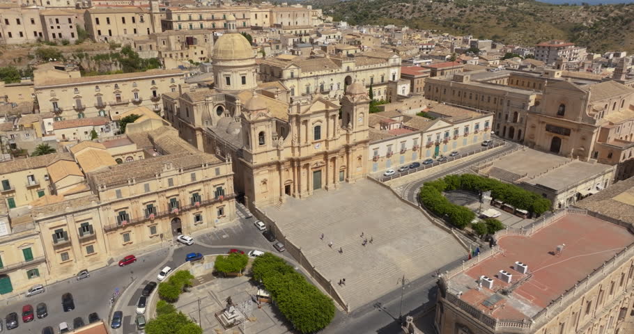 Aerial view of the Cathedral of Noto, located in the historic center of the city, in the province of Syracuse, Sicily, Italy. It is a Roman Catholic church in Sicilian Baroque style.