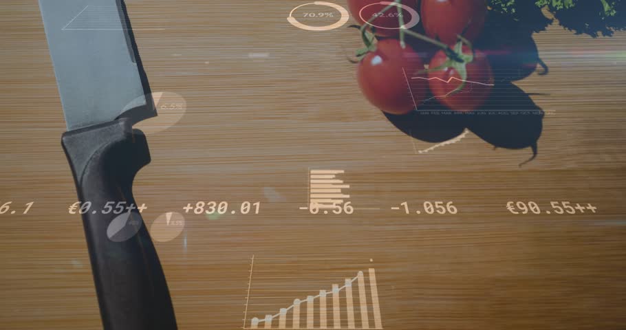 Chef's knife anchoring HUD appearing on board, widgets animating and numbers updating, showing data. Blade, tomatoes, kitchen, prep, overlay, charts, metrics