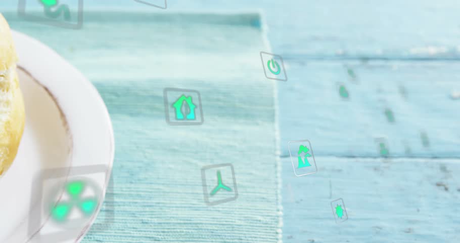 Camera pulling back, green icons drifting left crossing plate, burger centering showcasing textures. Hamburger, sesame, patty, tomato, onion, lettuce, turquoise