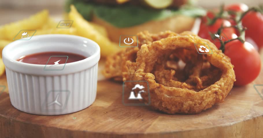 Floating UI icons appearing triggers camera shifting focus toward burger, highlighting menu item. Flatlay, sandwich, savory, crispy, patty, cheese, pickle