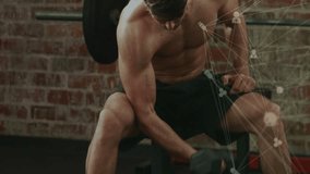 Man starting on bench hex curls raising arms exhaling smiling fitness right network overlaying. Dumbbell, weights, gym, muscular, athletic, brick, industrial - Powered by Shutterstock - Get 15% off with code: PIKWIZARD15