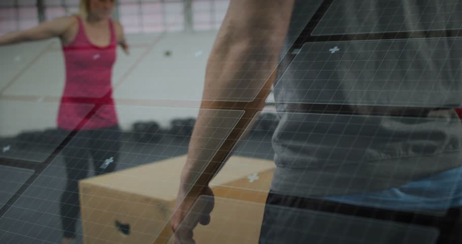 Trainer cueing female trainee performing squat-jump reps in fitness gym, HUD tracking for metrics. Coaching, athlete, movement, overlay, interface, analytics, kettlebell