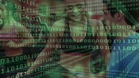 Woman leaning and pointing at treadmill, man pressing console to adjust workout, binary overlaying. Gym, fitness, training, trainer, partner, equipment, cardio - Powered by Shutterstock - Get 15% off with code: PIKWIZARD15